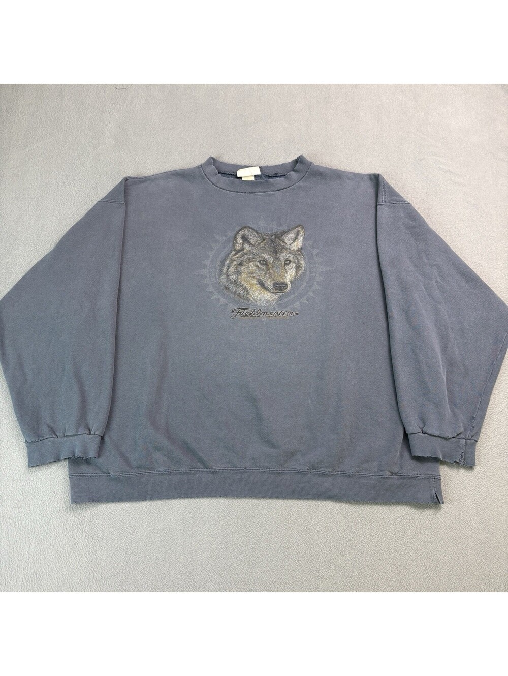 Vintage 90s Fieldmaster Wolf Crewneck Sweatshirt Size 2XL Distressed Blue Gray